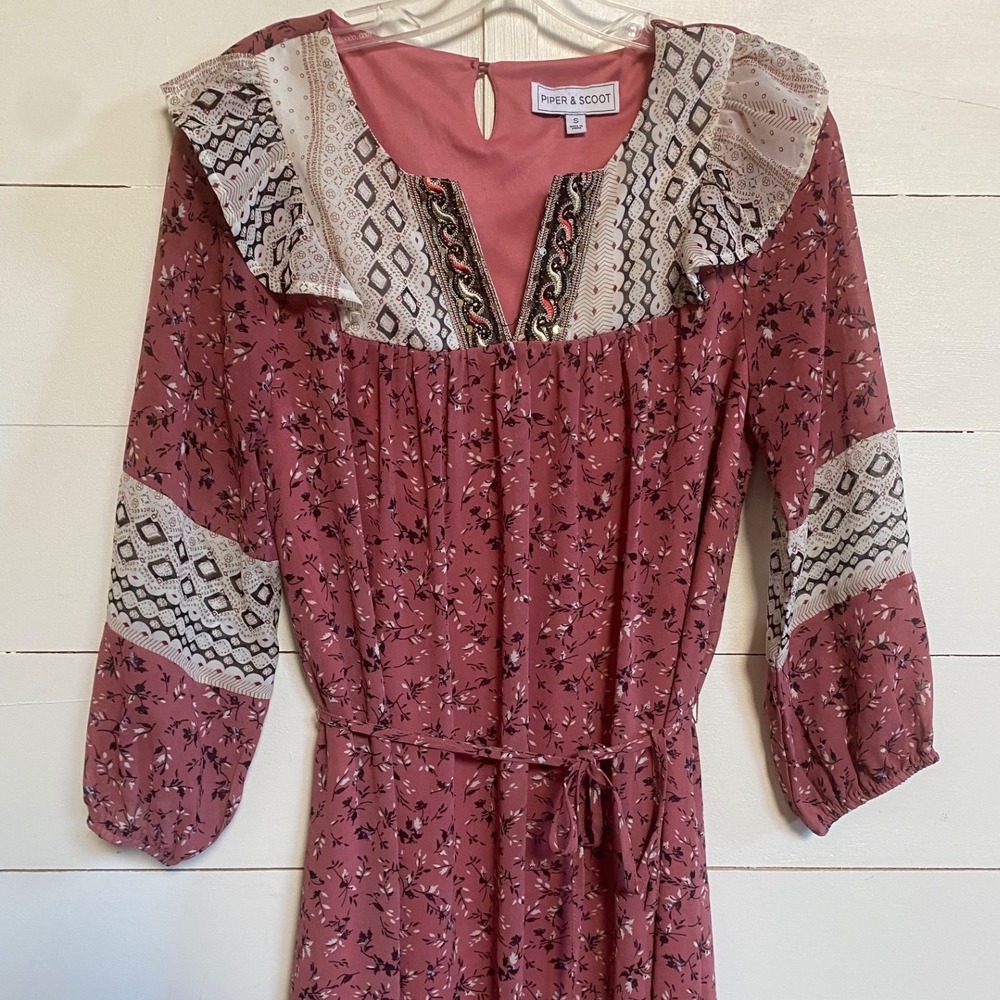 Piper & Scoot Women's Pink Boho Floral Prairie Midi Dress Small Tie belt S - EUC
